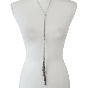 Lariat Necklace Cato With Silver Tone Chain & Layers of Tassels W/ Crystal Ends
